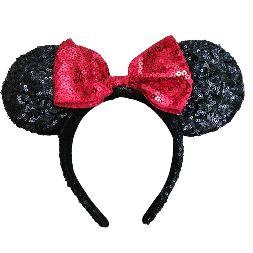 Disney Parks Minnie Mouse Classic Red Bow Black Ears Sequin Headband tag cut off